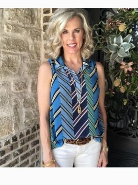 CAbi Chevron Ascot Sleeveless Blouse Tank Top Semi Sheer #3780 Size Small (S)